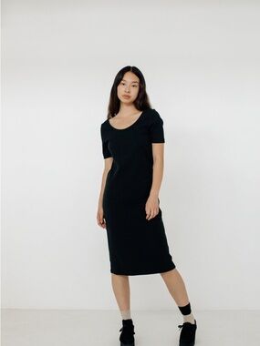 Paper Label Ribbed Midi Dress – Black Pima Cotton Blend (Size M)